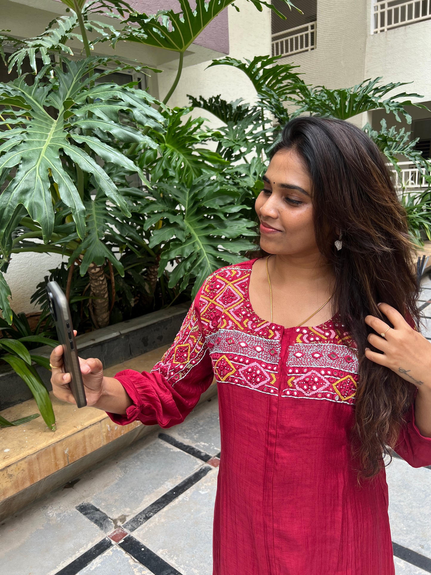 A0538 red mul chanderi 2 piece dress with hand embroidery detailing on yoke part with mirrors & Kantha work