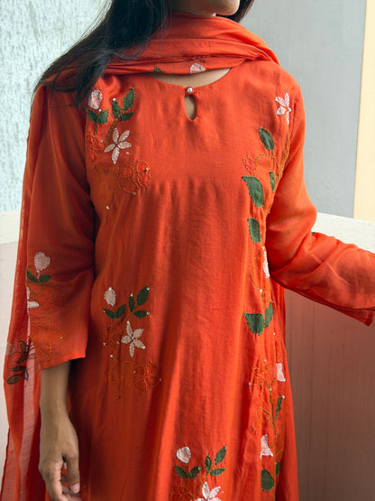 A0794 Orange Mul Chanderi 3pc set with hand painted and kanta detailing