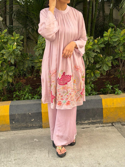 A0623 lavender chinnon coord set with applique & hand embroidery detailing