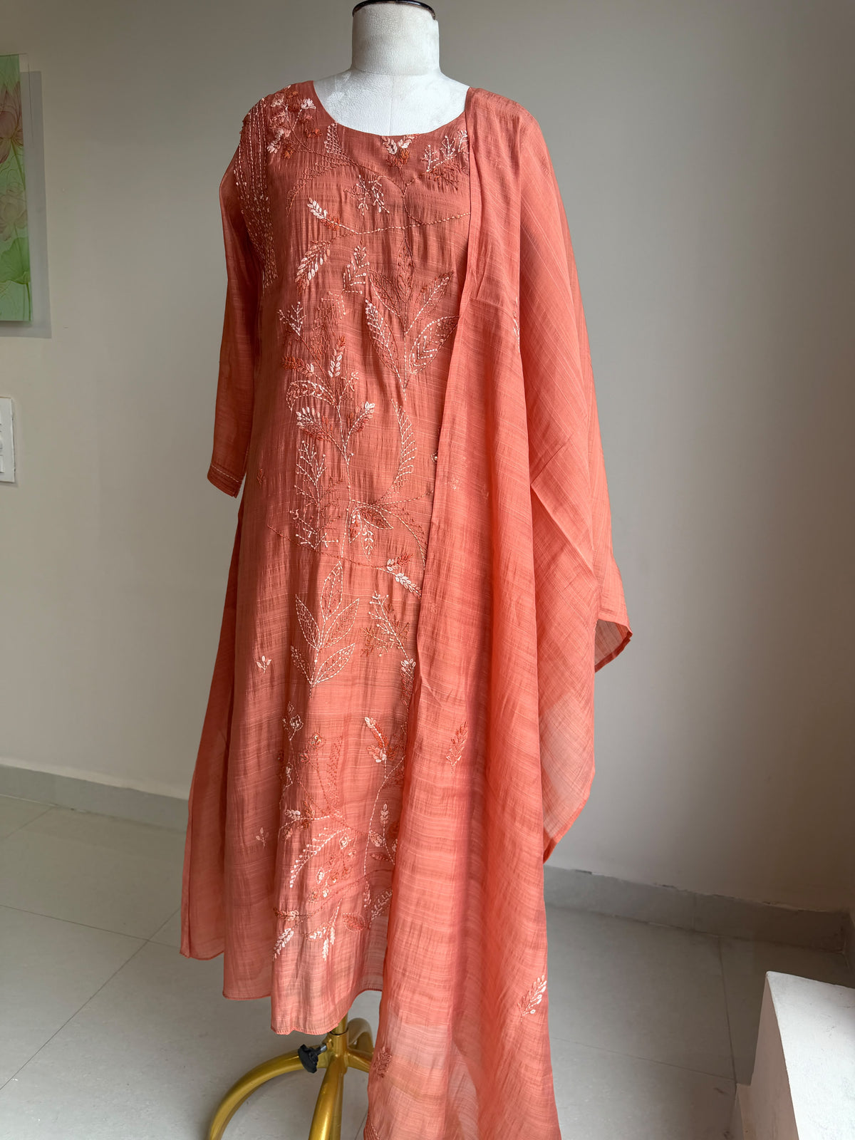 A0844 rust mul chanderi kantha work 3 piece dress