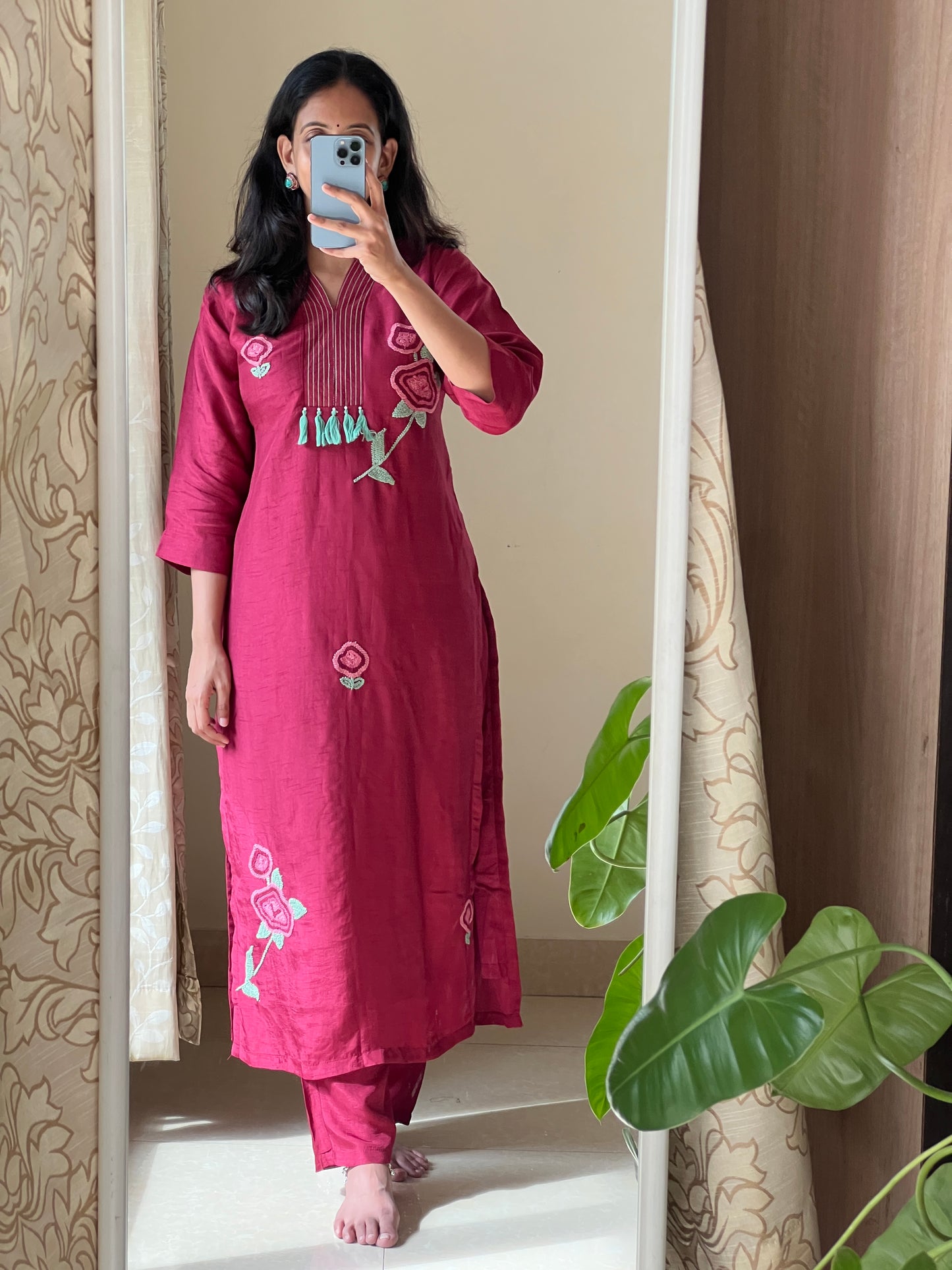 A0552 red Dola silk 2 piece dress with hand embroidery detailing