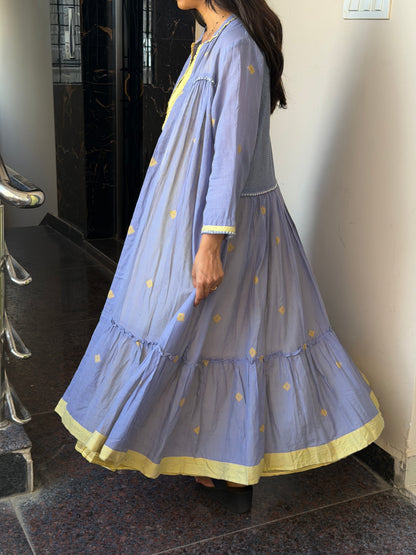 A0378 Bengal cotton Jamdani coat style in yellow and blue combinations with layered coat
