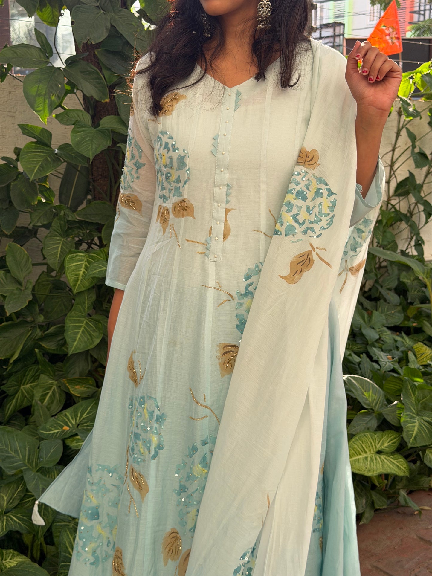 A0610 sea blue mul chanderi shaded 3 piece dress with hand painted & hand embroidery detailing