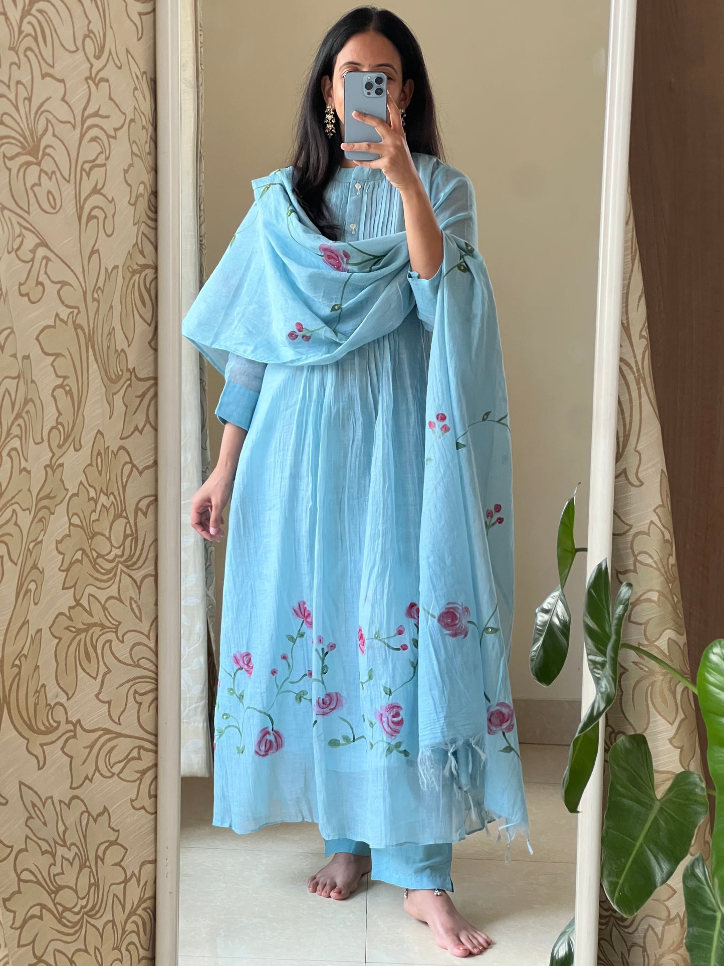A0583 blue mul chanderi 3 piece dress with rose hand painted & hand embroidery all over the dupatta & dress
