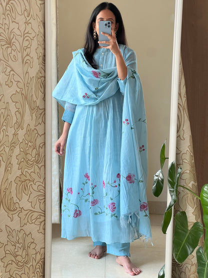 A0583 blue mul chanderi 3 piece dress with rose hand painted & hand embroidery all over the dupatta & dress