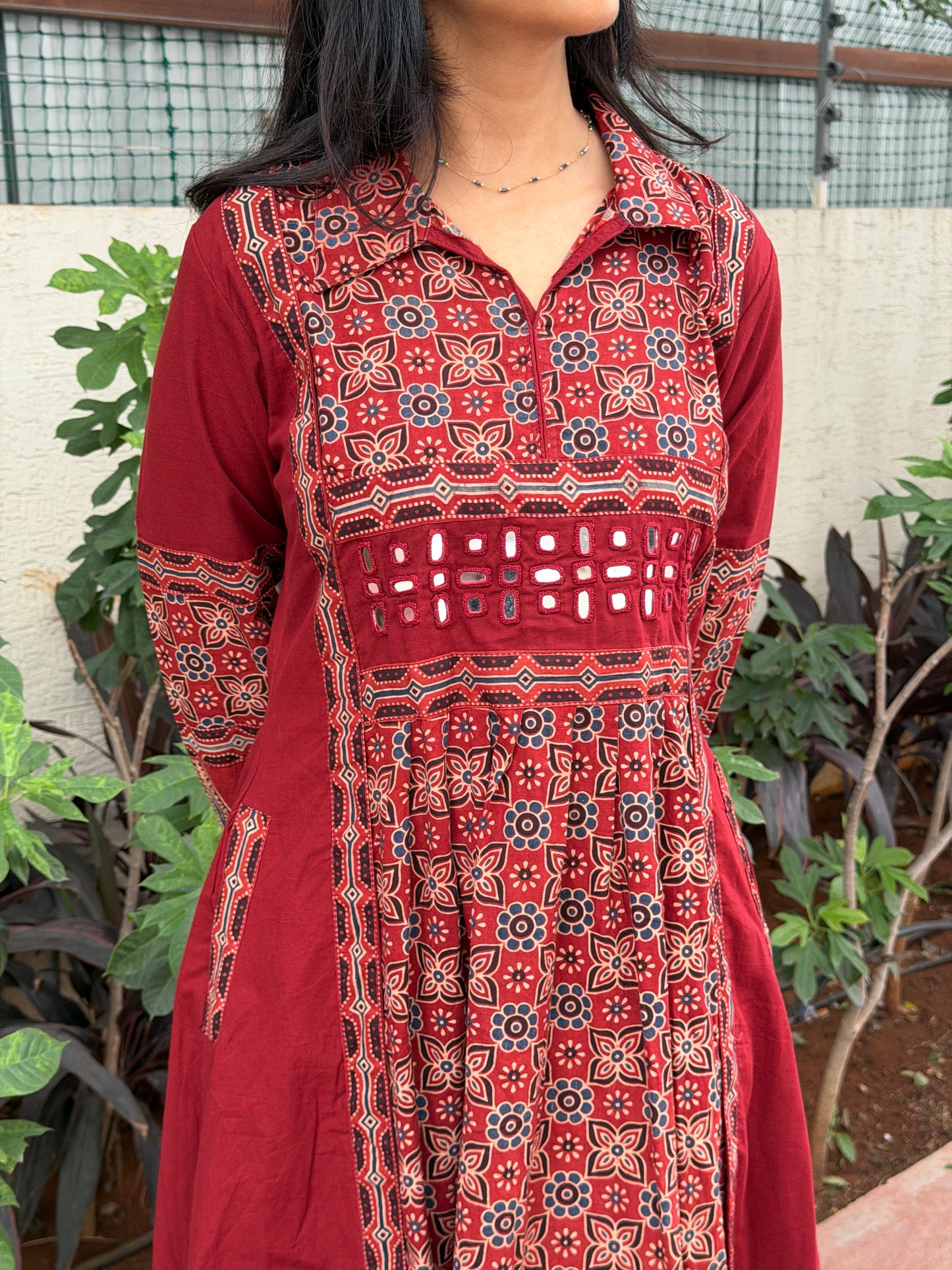 A0801 Red Ajrak pure cotton A-line dress