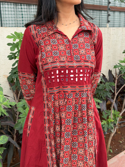 A0801 Red Ajrak pure cotton A-line dress