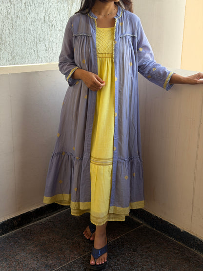 A0378 Bengal cotton Jamdani coat style in yellow and blue combinations with layered coat