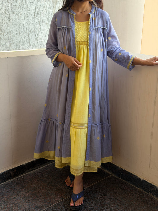 A0378 Bengal cotton Jamdani coat style in yellow and blue combinations with layered coat