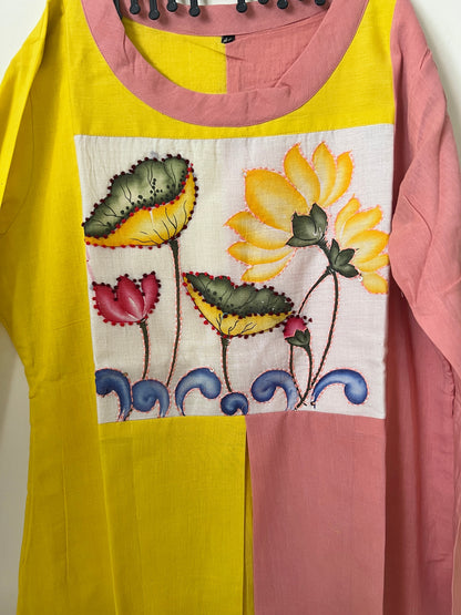A0203 yellow & peach Mulmul two shades attached one piece dress with hand paint and hand embroidery patch work