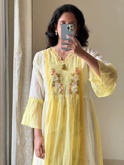Yellow Sun flower Pure Kota cotton dress comes with printed cotton lining