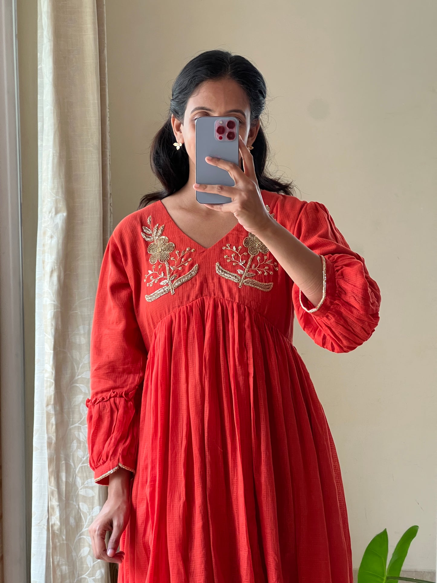 A0506 orange cotton kota one piece dress with hand embroidery detailing on yoke part