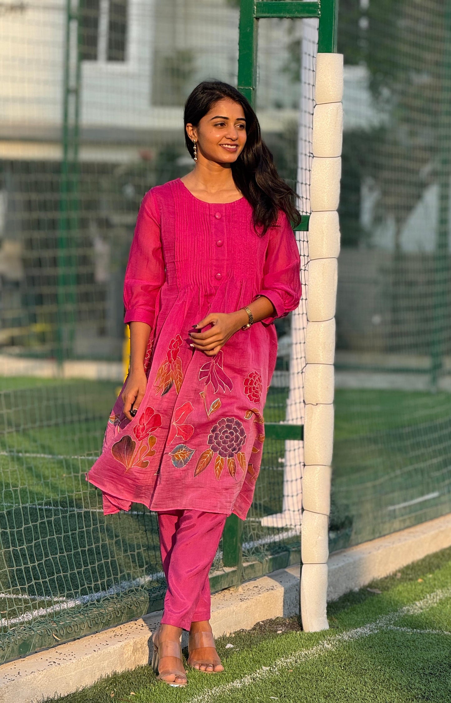 Pink shaded hand painted Mal-chanderi Co-ord set