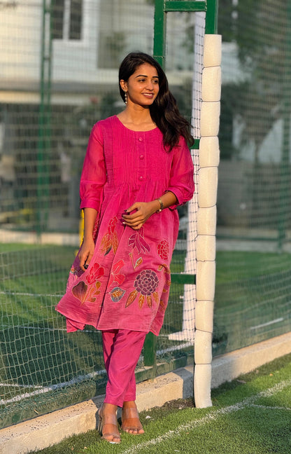 Pink shaded hand painted Mal-chanderi Co-ord set