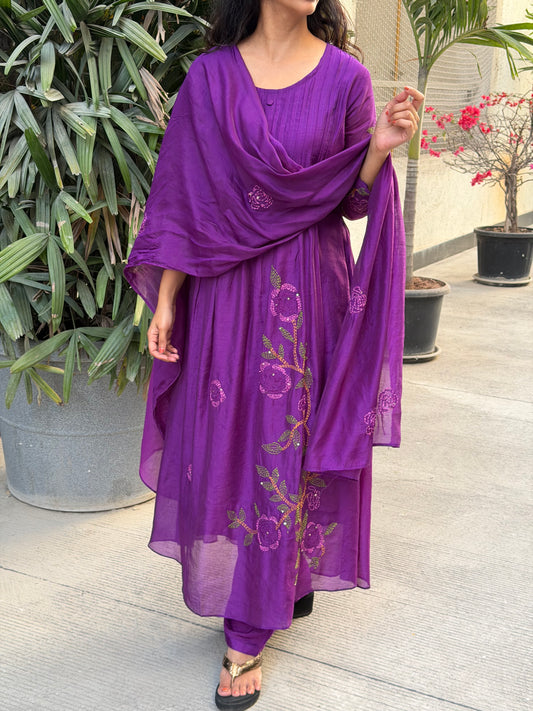 New shade and other pictures are for reference A0606 Purple 3pc set with hand kanta detailing all over the dress