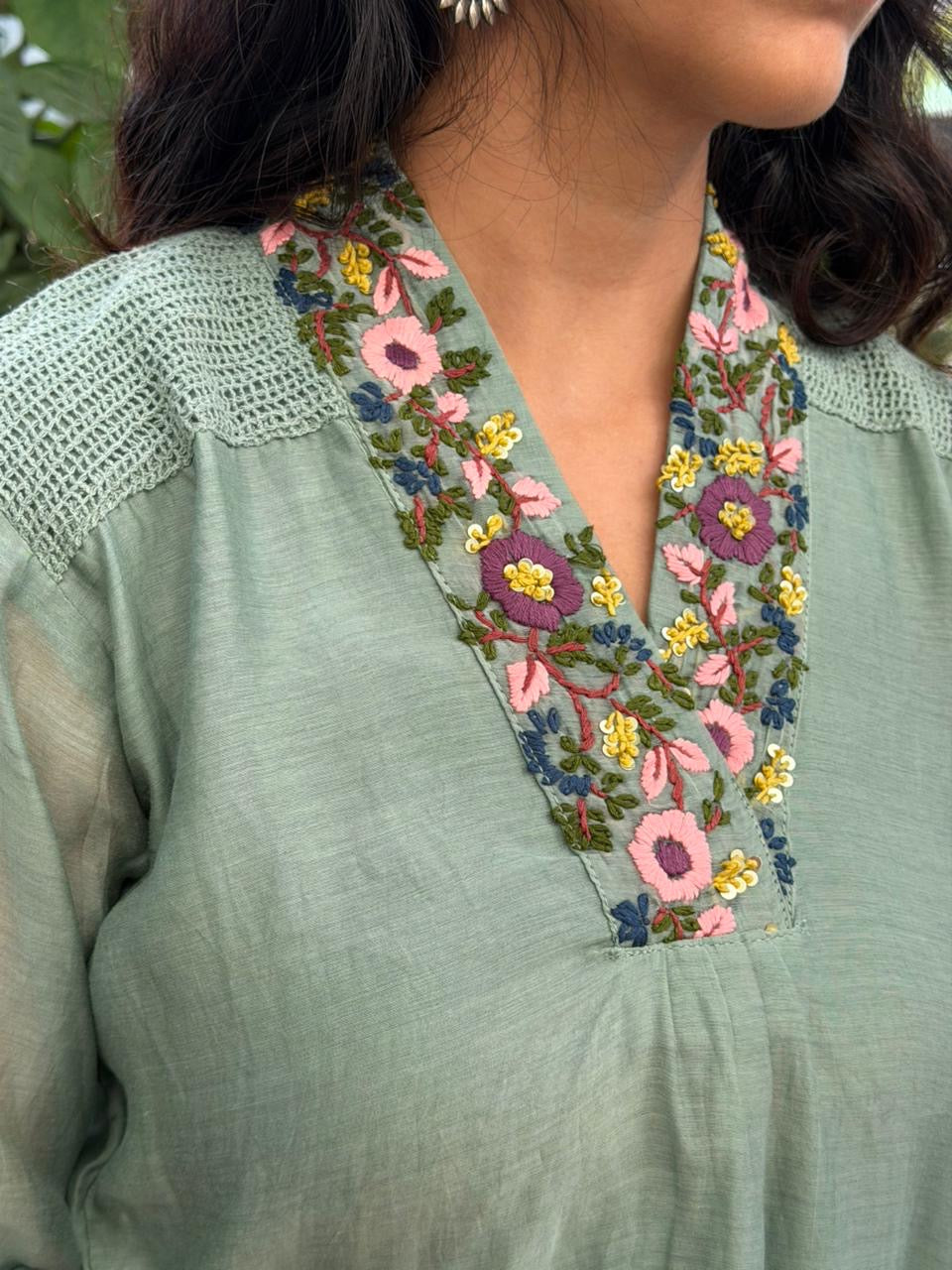 A0619 green Mul chanderi coord set with hand embroidery & lace detailing