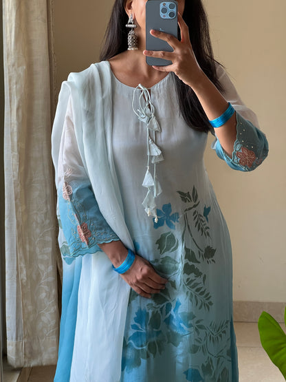 A0562 blue shaded silk 3 piece dress with applique work, hand painted & hand embroidery