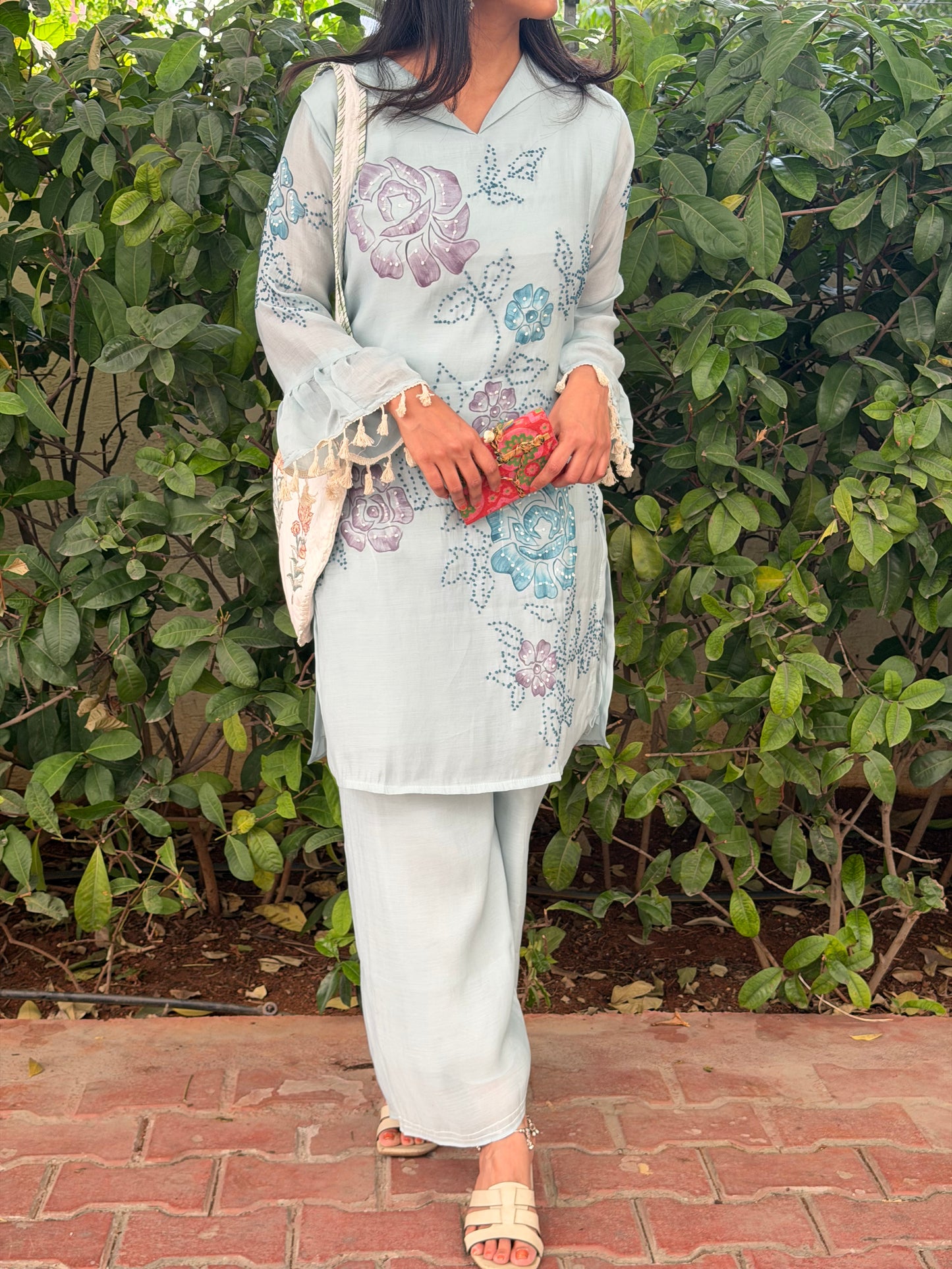 A0600 ice blue mul chanderi coord set with hand painted & knot work detailing all over the top