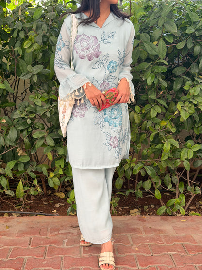 A0600 ice blue mul chanderi coord set with hand painted & knot work detailing all over the top