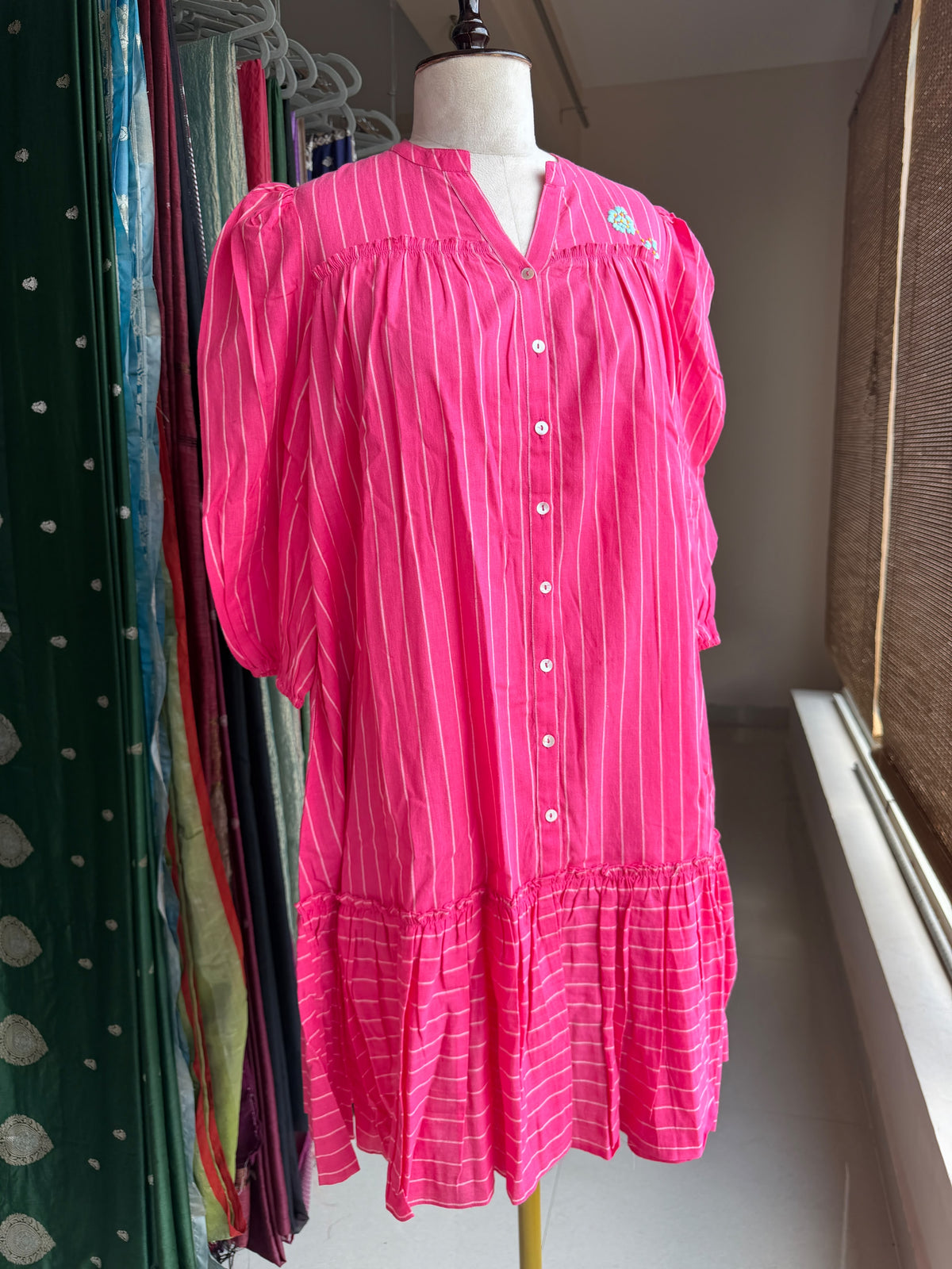 Pink Jamdani stripes knee length dress