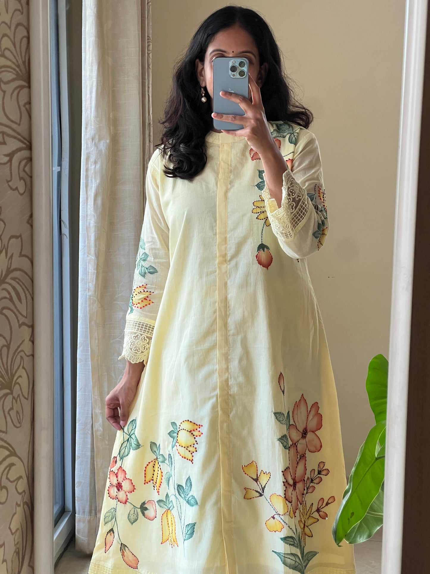 A0542 yellow Mulmul 2 piece dress with hand paint & hand embroidery detailing
