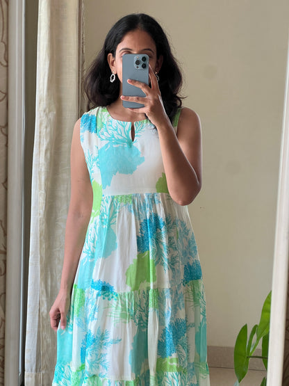 A0526 white & blue premium cotton silk one piece floral printed dress, sleeves can be attached