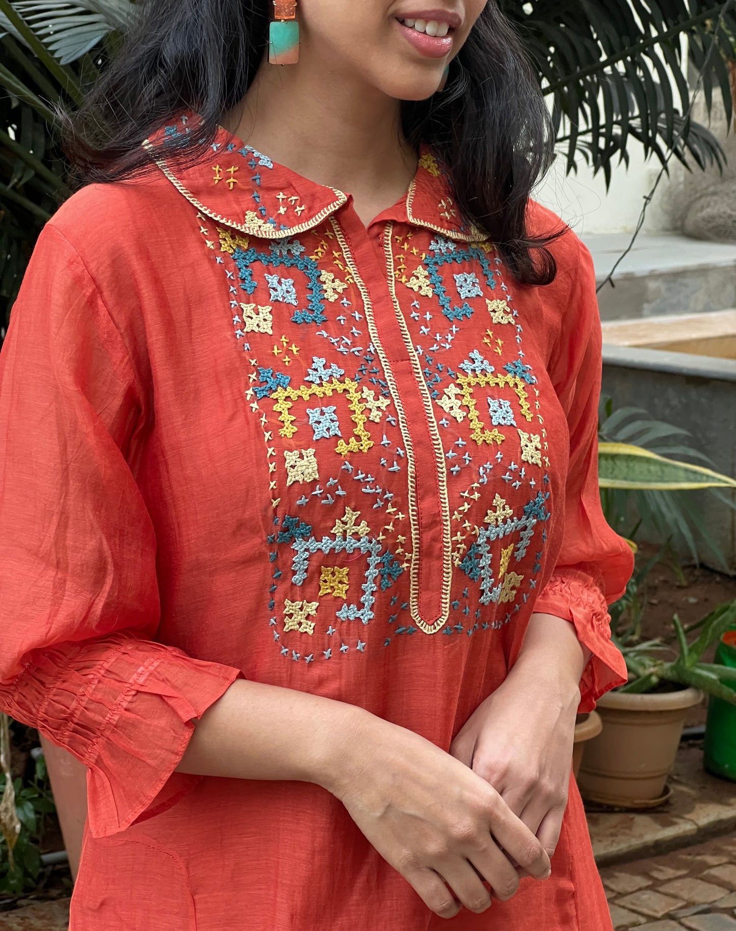 A0612 rust mul chanderi coord set with Kutch work embroidery