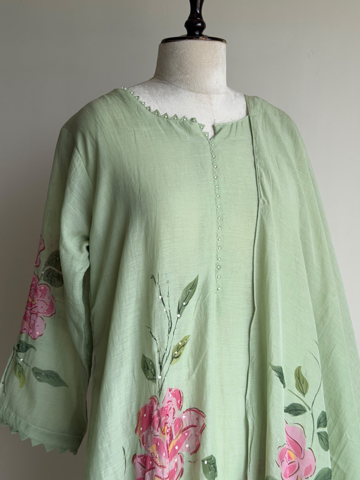 A0840 pista green mul chanderi 3 piece dress