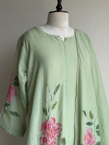 A0840 pista green mul chanderi 3 piece dress