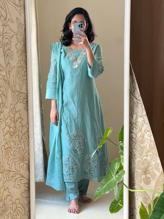 A0449 green Mul chanderi 3 piece dress with Kantha & chikankari work detailing all over the dress