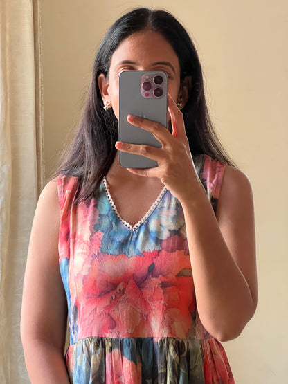 A0628 multi colour floral mul cotton frock comes with complete lining & sleeves are provided inside