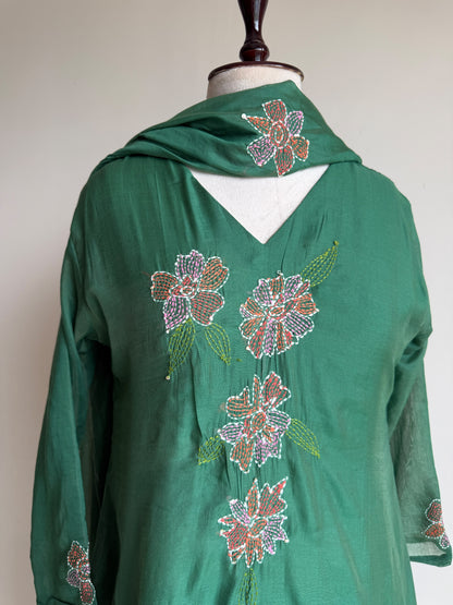 A0839 green mul chanderi Kantha work a line 3 pc dress
