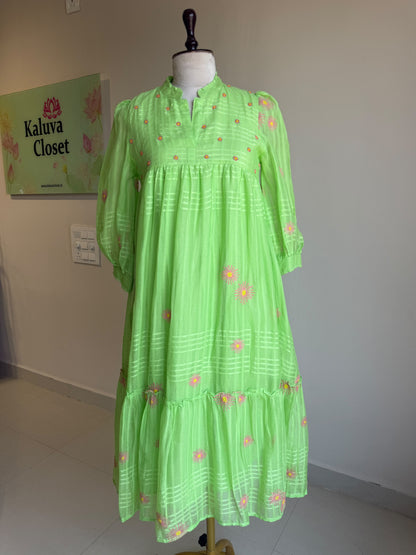 A0860 green self stripes cotton one piece dress