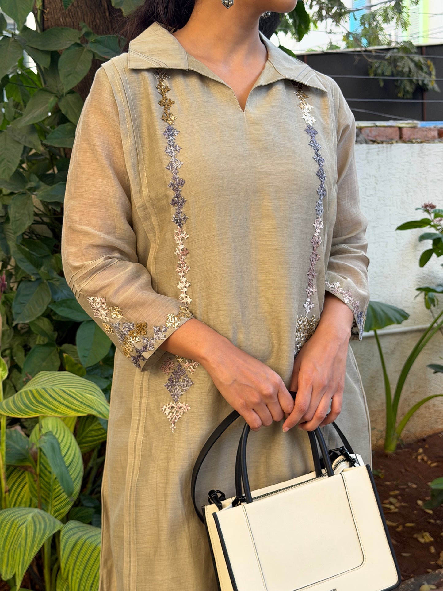 A0596 ash grey mul chanderi 2 piece dress with Kutch hand embroidery detailing