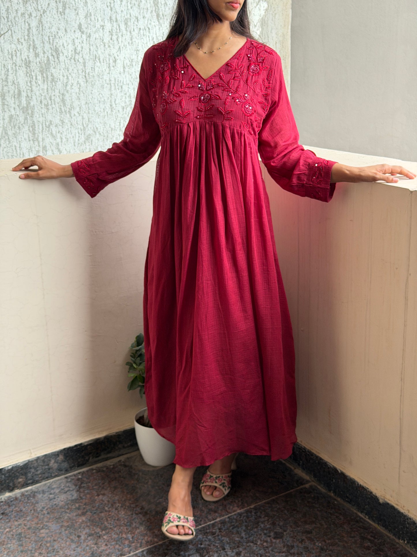 A0789 Marron Kota cotton bead embroidery dress