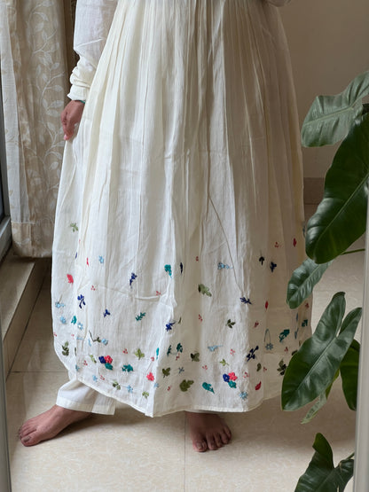 9161 half white Mulmul 2 piece dress with hand embroidery detailing