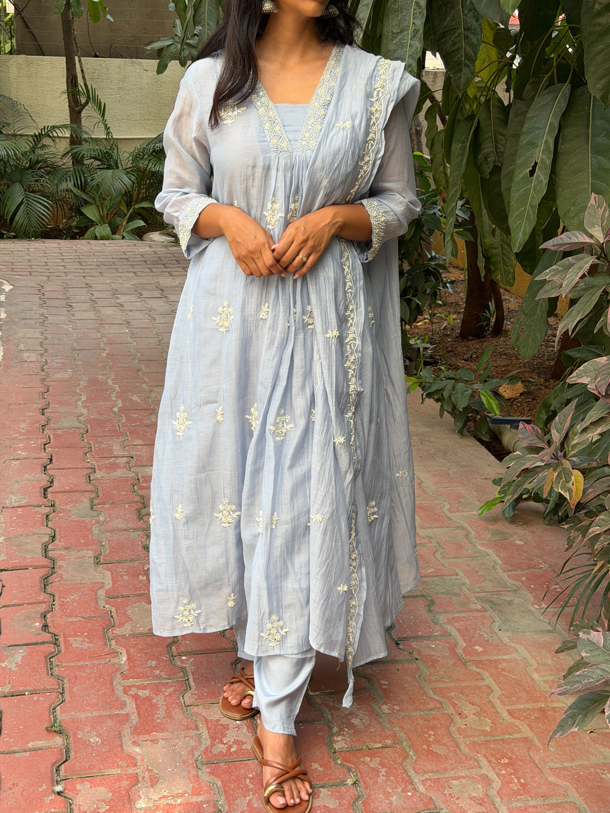 A0889 powder blue mul chanderi 3 piece dress