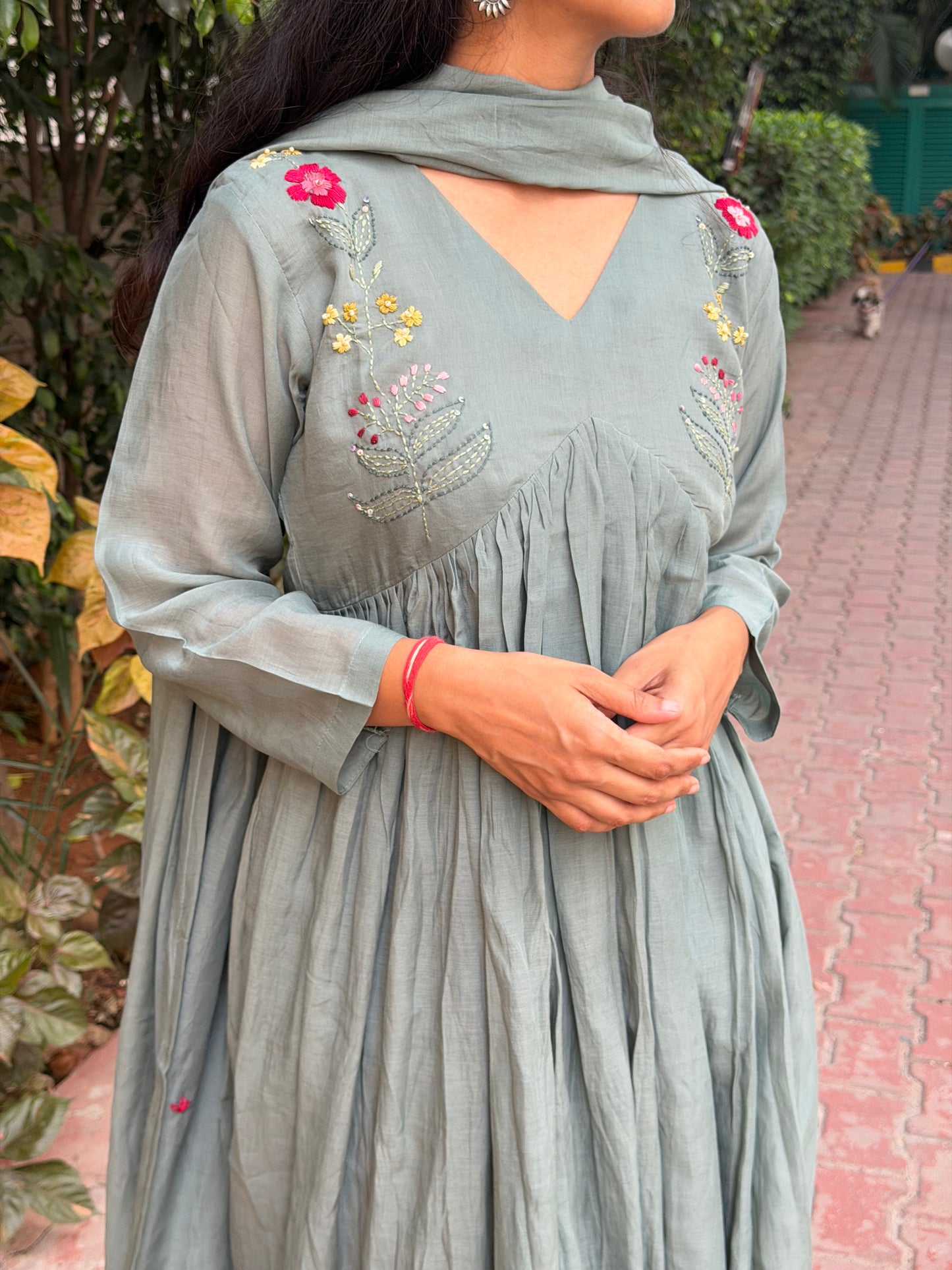 A0703 grey mul chanderi 3 piece dress with hand embroidery detailing on yoke part