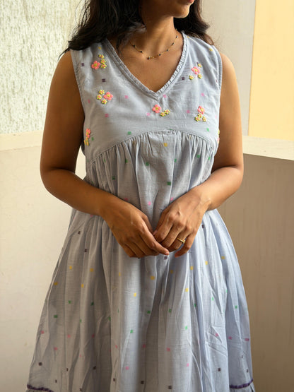 A0701 powder blue Jamdani dress with hand embroidery flowers