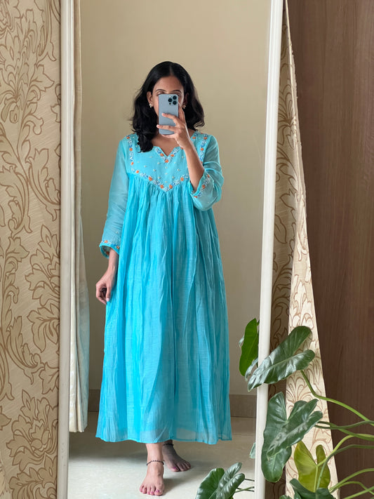 A0494 blue mul chanderi one piece dress with hand embroidery detailing on organza yoke part & hands