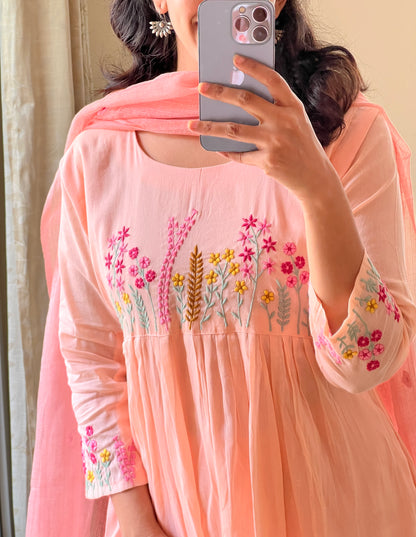 A0486 peach Mulmul 3 piece dress with kota duppatta & machine embroidery detailing