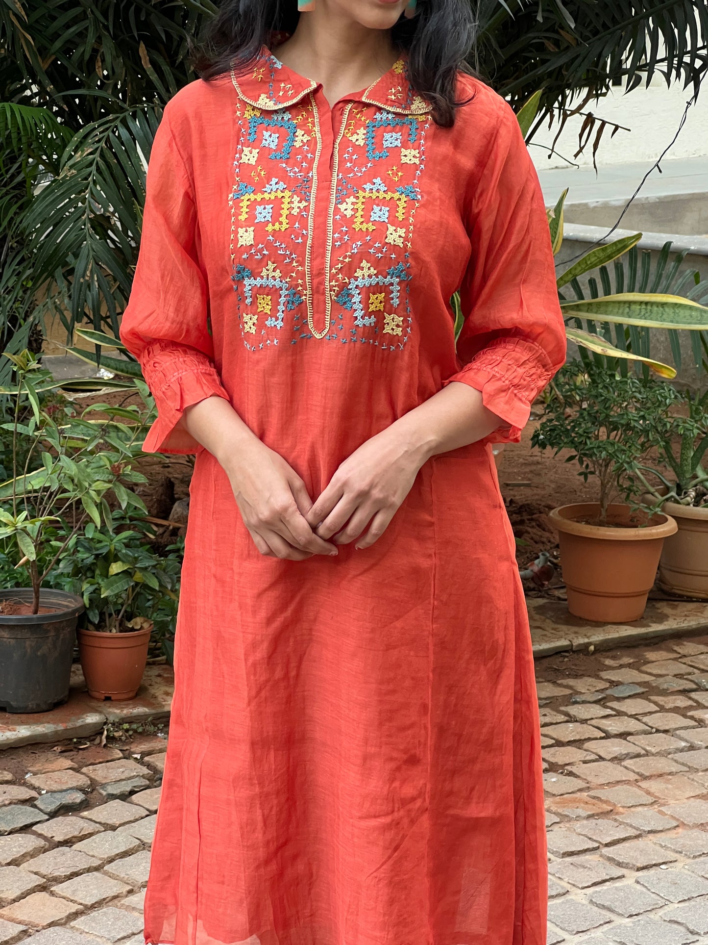 A0612 rust mul chanderi coord set with Kutch work embroidery