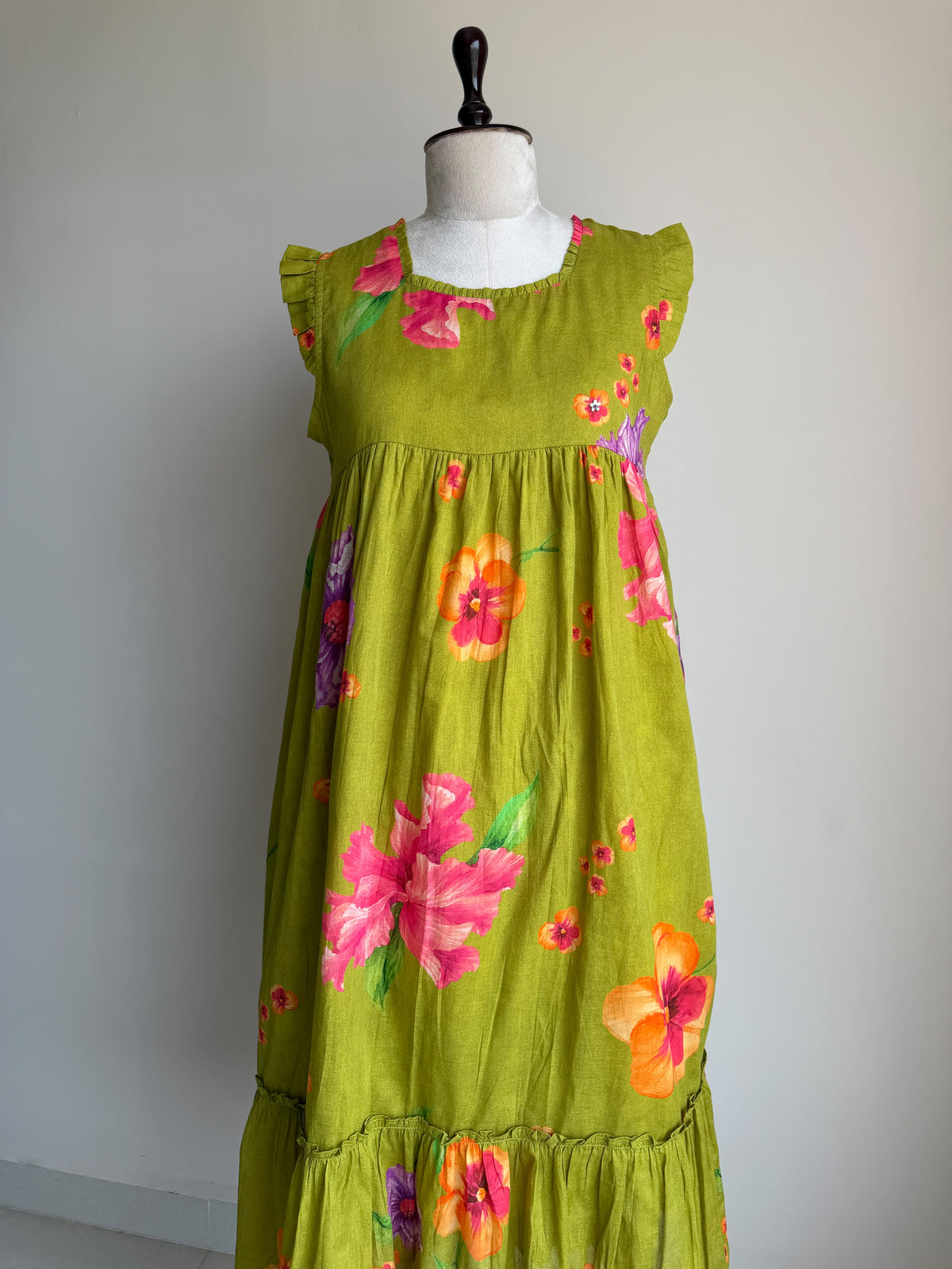 A0865 green mul cotton floral digital one piece dress