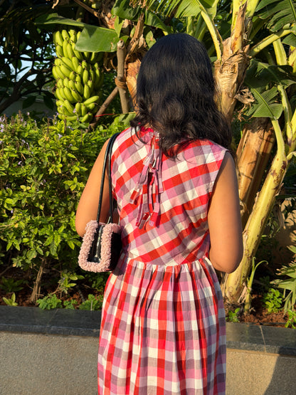 A0763 Pure cotton Red and white checks dress with hand embroidery flowers