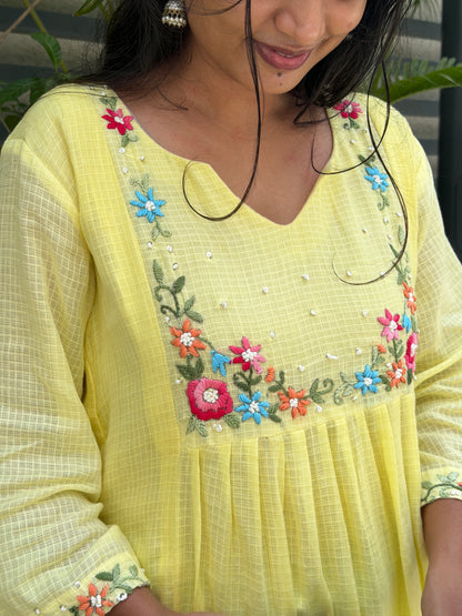 A0834 Butter Yellow Cotton Kota dress with hand embroidery detailing