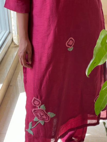 A0552 red Dola silk 2 piece dress with hand embroidery detailing