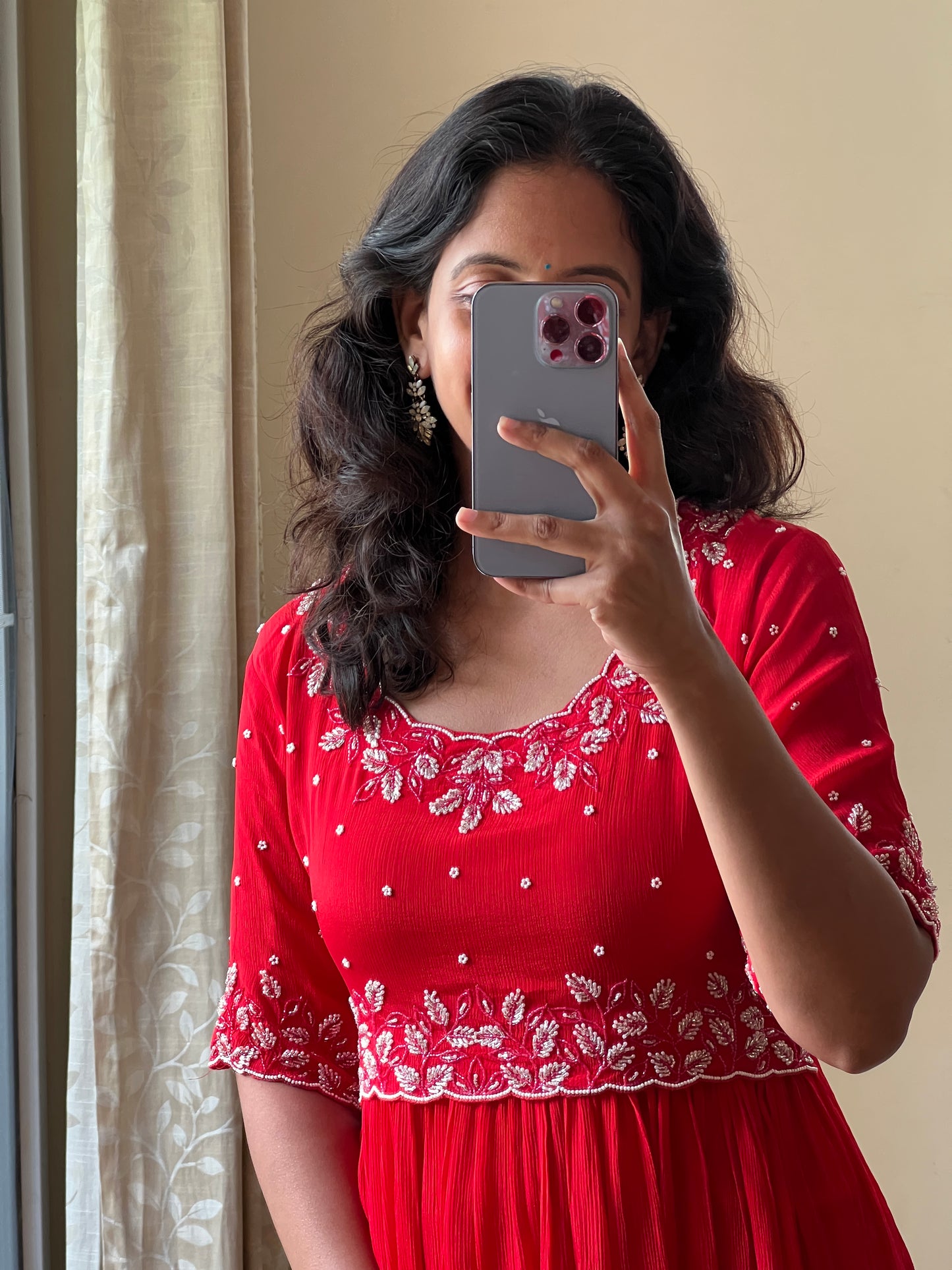 A0495 red chinnon one piece dress with moti & beads work