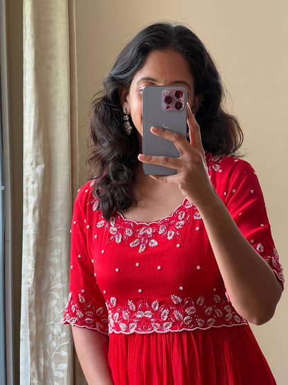 A0495 red chinnon one piece dress with moti & beads work