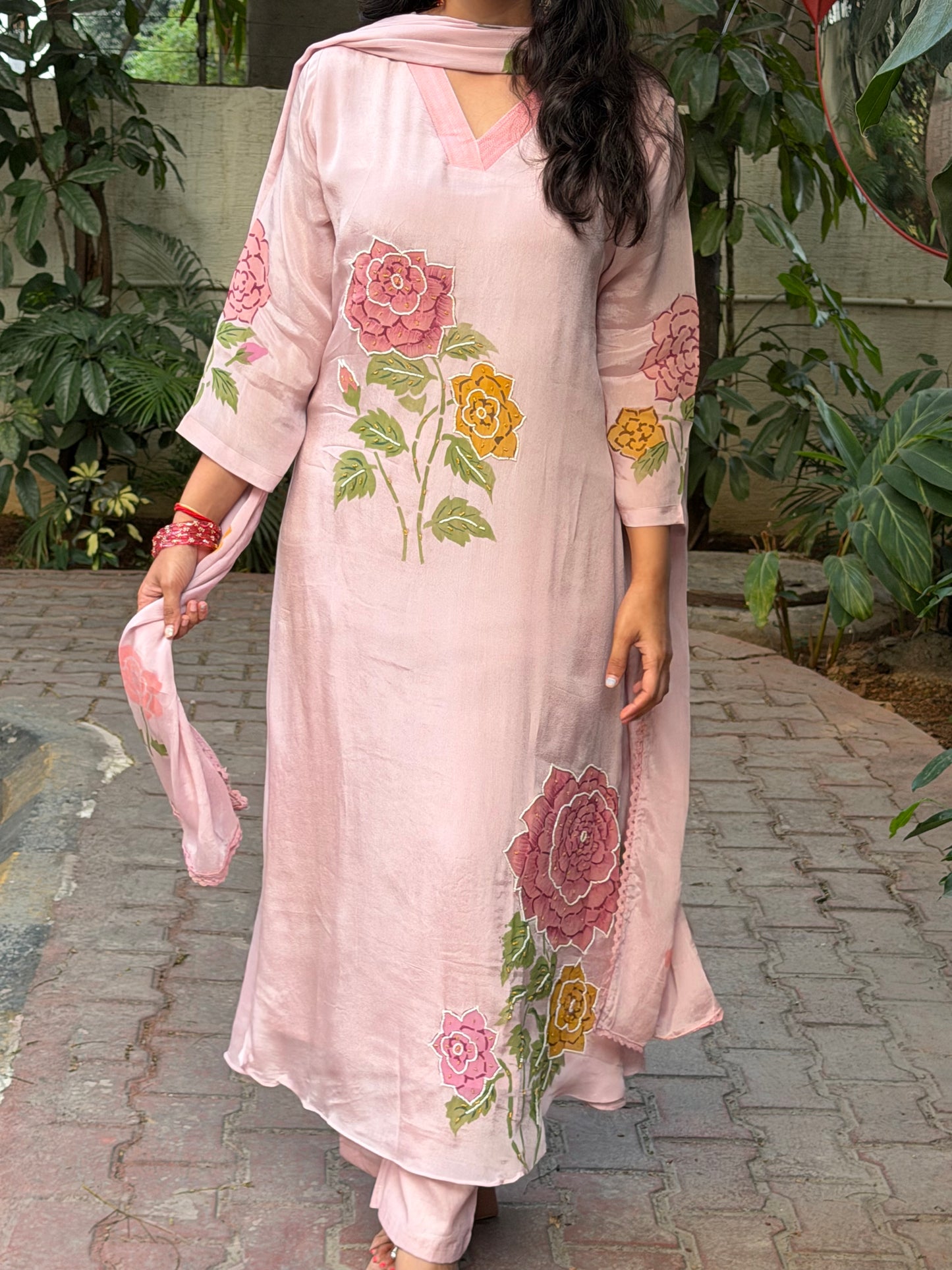 A0656 rose pink chinnon 3 piece dress with hand paint & moti embroidery detailing all over the dress & duppatta