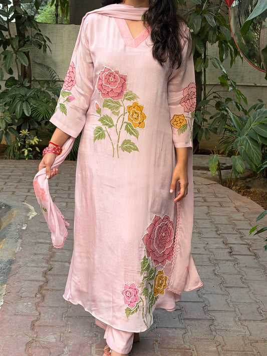 A0656 rose pink chinnon 3 piece dress with hand paint & moti embroidery detailing all over the dress & duppatta